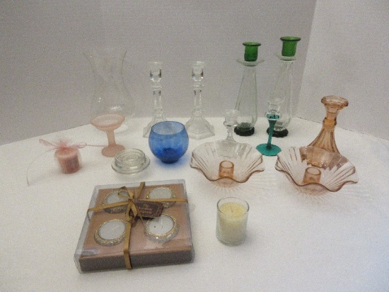 Lot - Pair Crystal Hexagon Base Candlesticks 7 3/4", Pink Candle Stick w/ Clear Insert & Shade