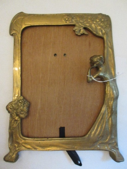 Brass Art Nouveau Style Table Frame w/ Figural Nymph & Flowers Relief Design