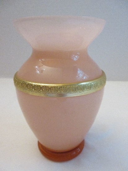 Pink Opaline Hand Blown Glass Vase w/ Embossed Brass Band