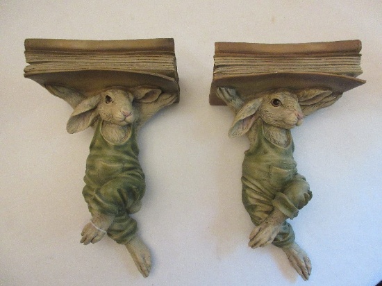 Adorable Pair Whimsical Chrisdon Figural Bunny Rabbit Holding Books Wall Sconce