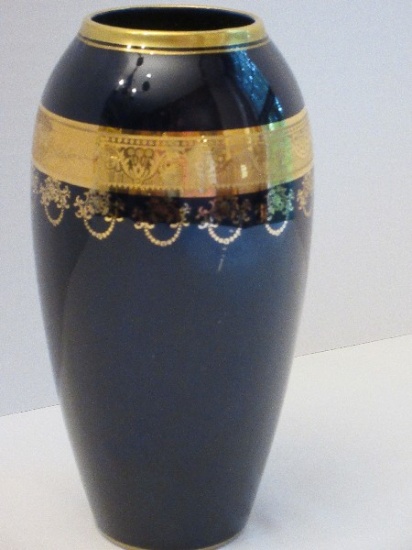 Porcelain Claude Beachet Limoges Cobalt Vase w/ Gilded Band Design Cupped Rim