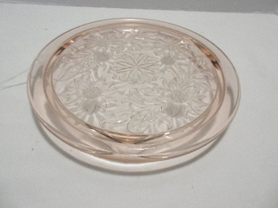 Jeanette Pink Depression Glass Sunflower Pattern Footed Cake Plate 3 Toed Flat 10" D