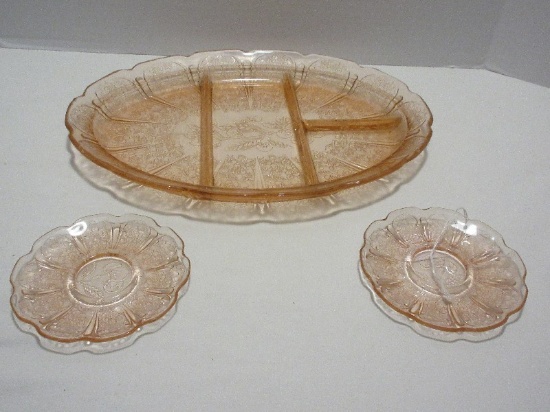 Jeanette Pink Depression Glass Cherry Blossom Pattern 13 1/4" Divided Platter