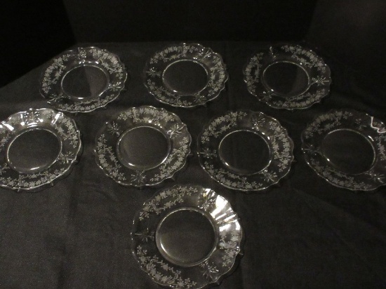 8 Fostoria Clear Meadow Rose Etched Pattern Baroque 8 1/2" Luncheon Plates