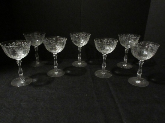 7 Fostoria Clear Meadow Rose Etched Pattern Champagne/Tall Sherbet 5 5/8"