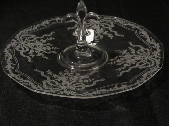 Fostoria Clear Hune Etched Pattern Fleur De Lis Center Handle Tray