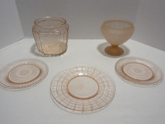 Lot - Anchor Hocking Pink Depression Glass Mayfair Pattern Open Rose Cookie Jar
