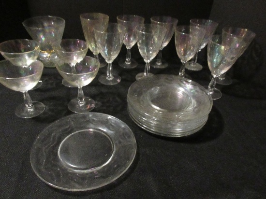 Lot - Crystal Iridescent Drapery Pattern Stemware, Vase & 7 5/8" Plates