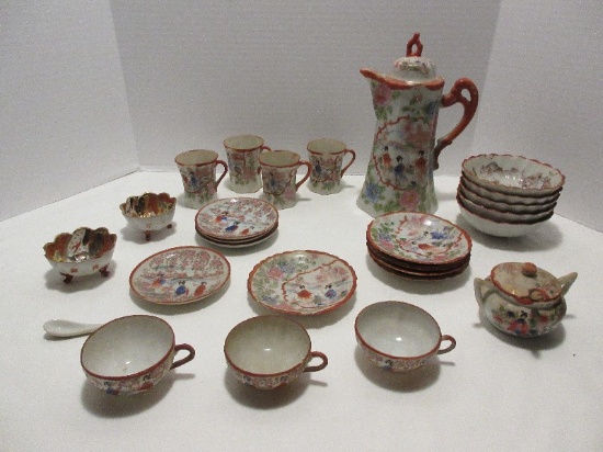 Lot - Porcelain Hand Painted Rice Bowls, Coffee Pot, Cups & Saucers, Etc.