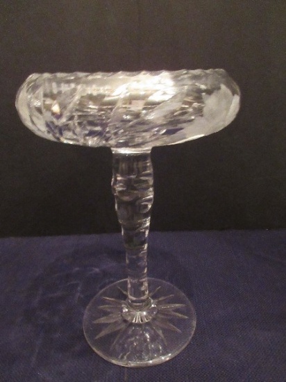 Lead Crystal Compote w/ Etched Flower & Foliage Pattern Cupped Rim