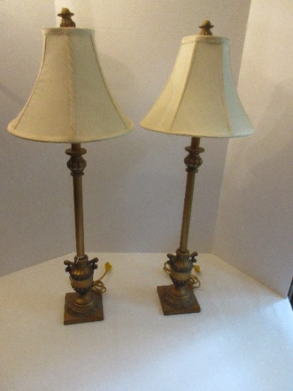 Pair - Grecian Urn Design Banquet Lamps Antiqued Patina
