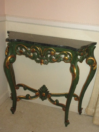 Italian Baroque Style Painted Green Console Entry Table w/ Green Marble Top Gilded Trim