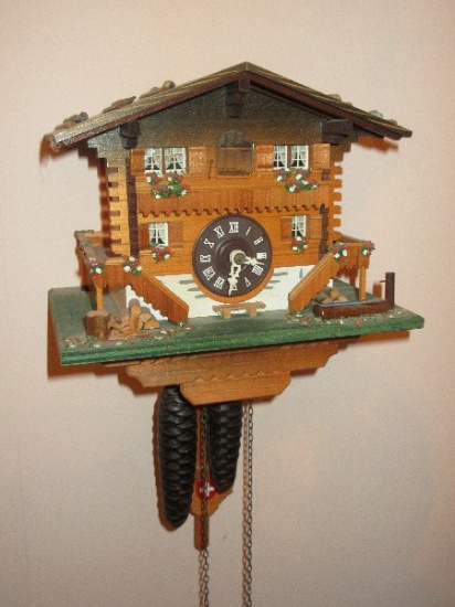 Swiss Chalet Cuckoo Clock w/ 2 Cast Iron Pine Cone Weights & Pendulum