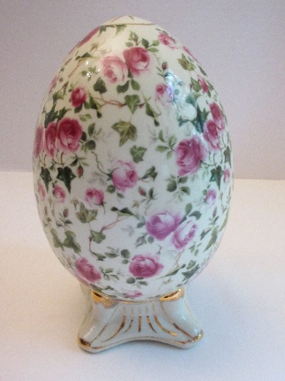 Baum Bros. Formalities Large Porcelain Egg Pink Rosebud Stems & Ivy Foliate Design Gilted Trim