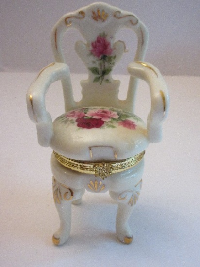 Baum Bros. Formalities Porcelain Arm Chair Trinket Box w/ Rose Spray Transfer & Gilted Trim