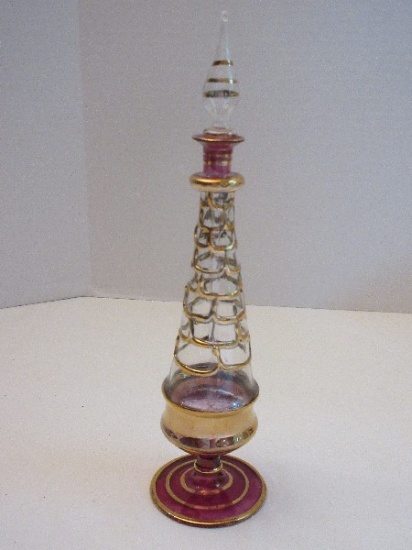 Egyptian Glass Perfume Scent Bottle w/ Stopper Amethyst Base & Gilded Design