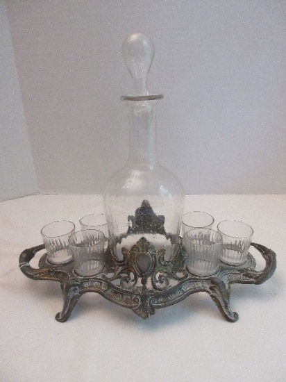 Scarce Hand Blown Decanter w/ 6 Matching Cordial Glass & Silverplated Handle Server