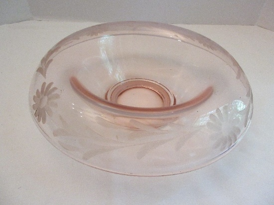 Pink Depression Glass Rolled Edge Console Bowl w/ Etched Flower/Foliage