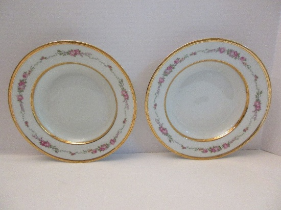 2 Porcelain D'Art Limoges Selections Shallow Bowls Pink Rosebuds/Foliage Border/Gold Trim