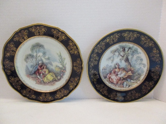 2 Limoges France Claude Brachet Porcelain Plates Victorian Couple Garden Landscape