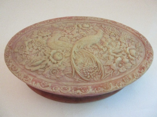 Beautiful Incolay Stone Oval Keepsake Box w/ Hinged Lid Extremely Detailed Pheasants