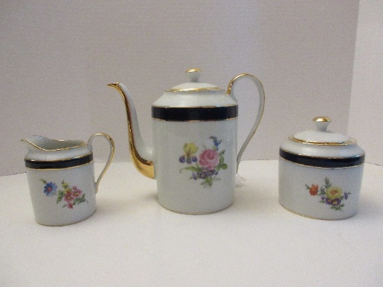 L.E.C. Limoges France Porcelain Coffee Set Floral Bouquet w/ Cobalt/Gild Trim Pattern