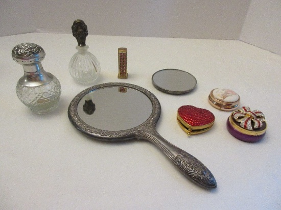 Lot - Silverplated Embossed Hand Dresser Mirror, Heart Shape Compact, Enamel Trinket Box