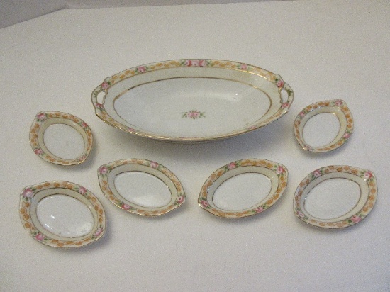 7 Piece - Nippon Hand Painted Nut Bowl Set Pink Rosebud/Gilted Trim Pattern Porcelain