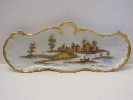 Porcelain Oblong Serving Dish w/ Hand Painted Village Landscape Scene