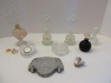 Lot - Misc. Decorative Scent/Perfume Bottles, Heart Shape Clock/Trinket Box, Etc.