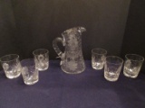 Lead Crystal Set Pitcher w/ Etched Flower & Foliage Pattern w/ 6 Matching Tumblers