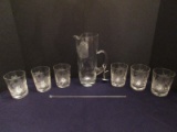 Hand Blown Glass Martini Pitcher Etched Flower Pattern, Glass Sit Stick & 6 Etched Tumblers
