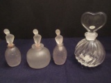 Lot - 3 Satin Glass Scent Bottles w/ Figural Lady Stoppers & Crystal Spiral Bottle