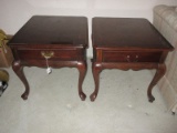 Pair - Queen Anne Style Single Drawer Cherry Finish End Tables