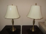 Pair - Candle Stick Style Table Lamps Brushed Brass Patina w/ Milk Glass/Fabric Shades