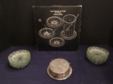Lot - Set 4 Heavy Silverplated & Crystal Coasters/Ashtrays & 10 Pressed Glass Coasters