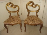 Pair - French Inspired Gilded Rococo Style Diminutive Accent Chairs Ornately Carved