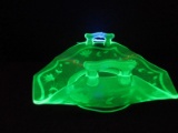 Uranium Green Depression Glass Raised Side Handled Dish w/ Etched Flower/Band Pattern