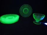 Lot - 6 Hazel Atlas Green Uranium Depression Glass Florentine No.2 Pattern Saucers