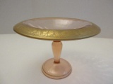 Pink Depression Glass Compote w/ Flared Rim & Gilded Flower/Foliage Pattern Rim