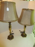 Pair - Brass Antiqued Patina Table Lamps w/ Reverse Pattern Shades