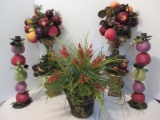 Lot - 2 Fruit Topiary in Gilded Urn Planters & Greenery w/ Berries Arrangement in Tin Planter