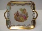 Porcelain Bavaria Germany Square Double Handled Compote Courting Victorian Couple Scene