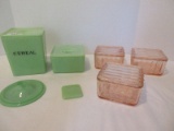 Lot - 3 Covered Pink Refrigerator Dishes, Jadeite Covered Cereal/Other Canister & 2 Lids