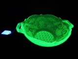 Lancaster Green Depression Uranium Glass Debra Pattern Floral/Basket Design