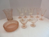 Lot - Pink Stemware, Etched Panel Foliage Vine Pattern, Basket Weave Pattern Vase Flared Rim