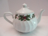 Darice Porcelain Christmas Teapot Holly & Berry Pattern