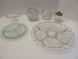 Lot - Pressed Glass/Crystal Compote, Candy Dish Seal Lid, Indiana Glass Vegetable