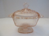 Pink Pressed Glass Pedestal Candy Dish w/ Lid Lace Edge & Ribbed Design