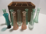 Lot - Pressed Glass Bud Vases Emerald, Lime Green, Pink & Clear Various Styles